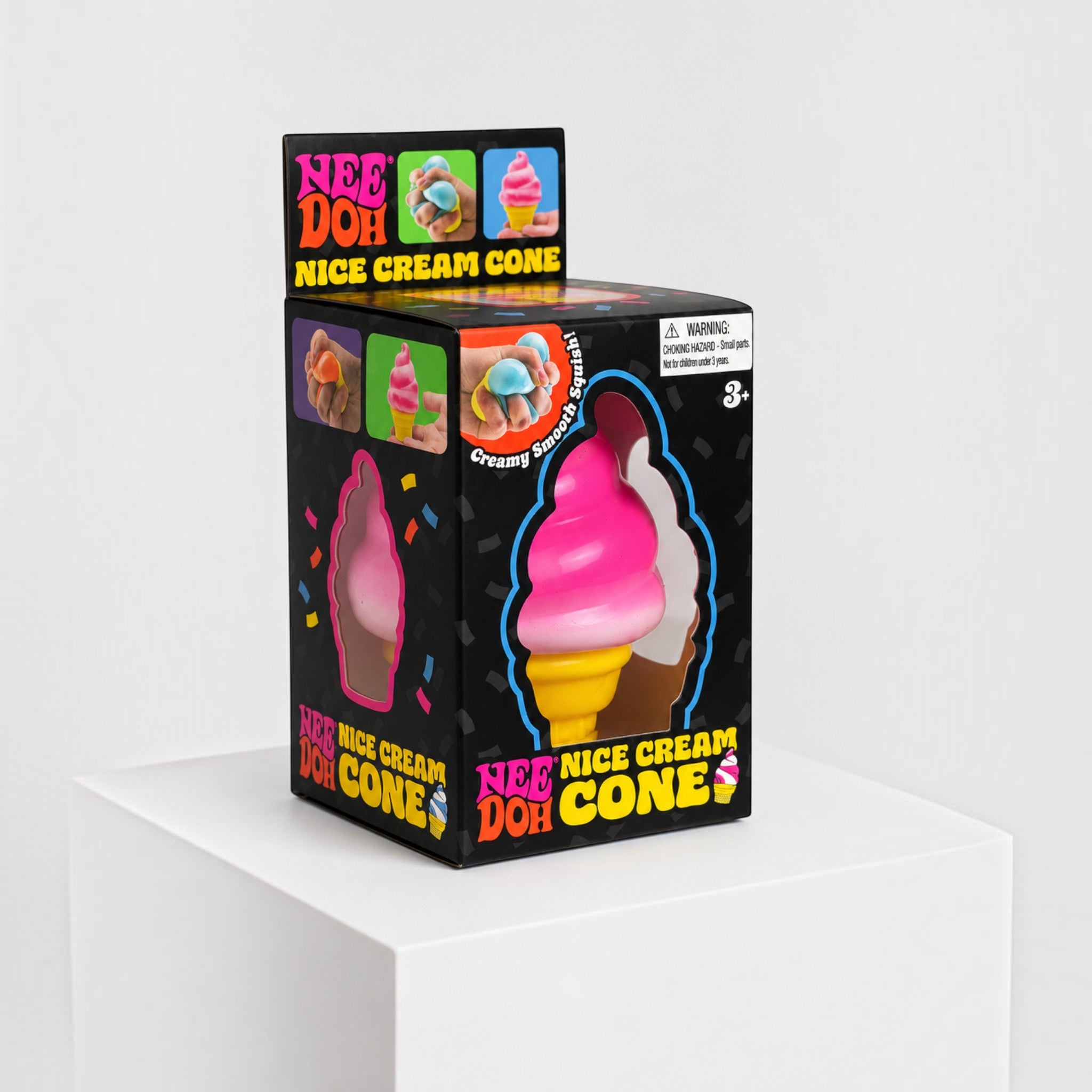 Squish Planet NeeDoh Nice Cream ice cream cone squishy fidget toy in pink and yellow inside its retail packaging.
