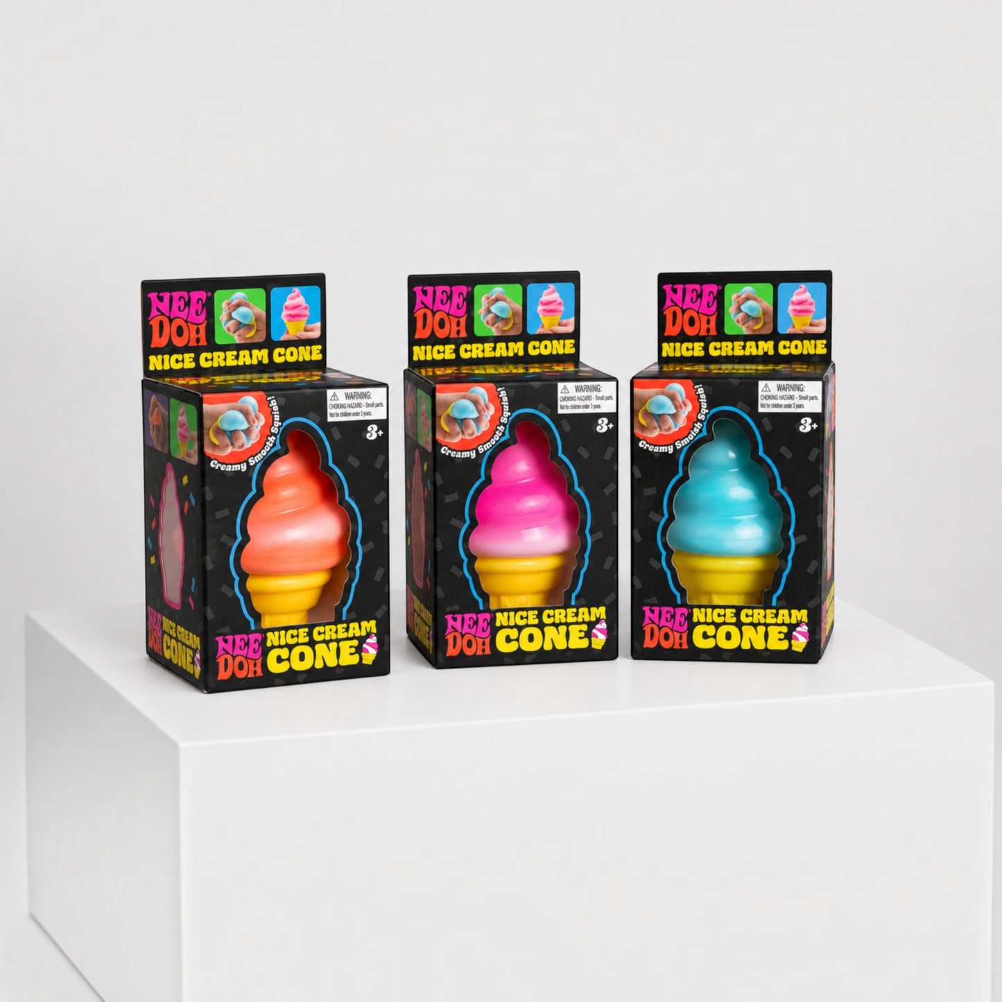 Squish Planet NeeDoh Nice Cream ice cream cone fidget toys in three different bright colour combinations in packaging.