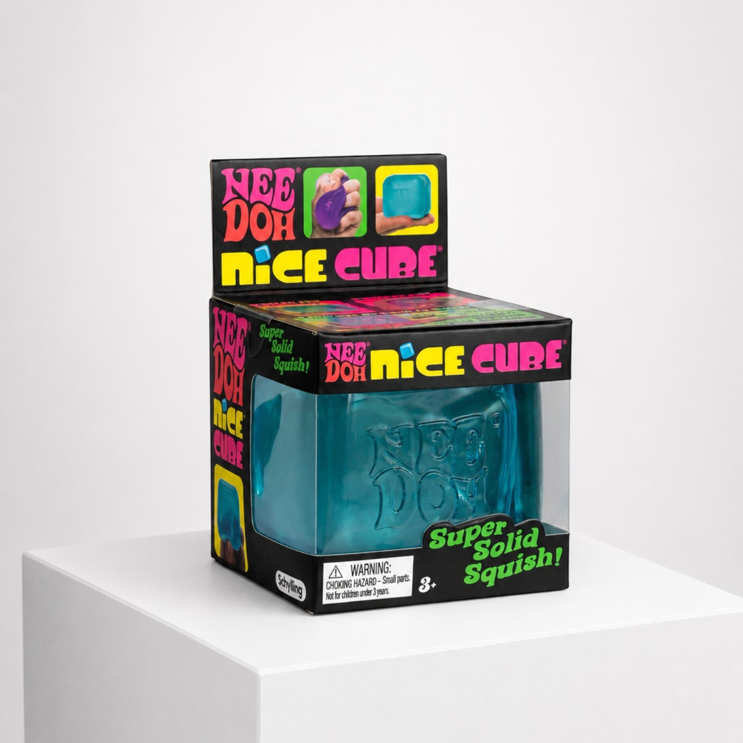 Squish Planet NeeDoh Nice Cube sensory fidget toy in blue packaging on a white display pedestal