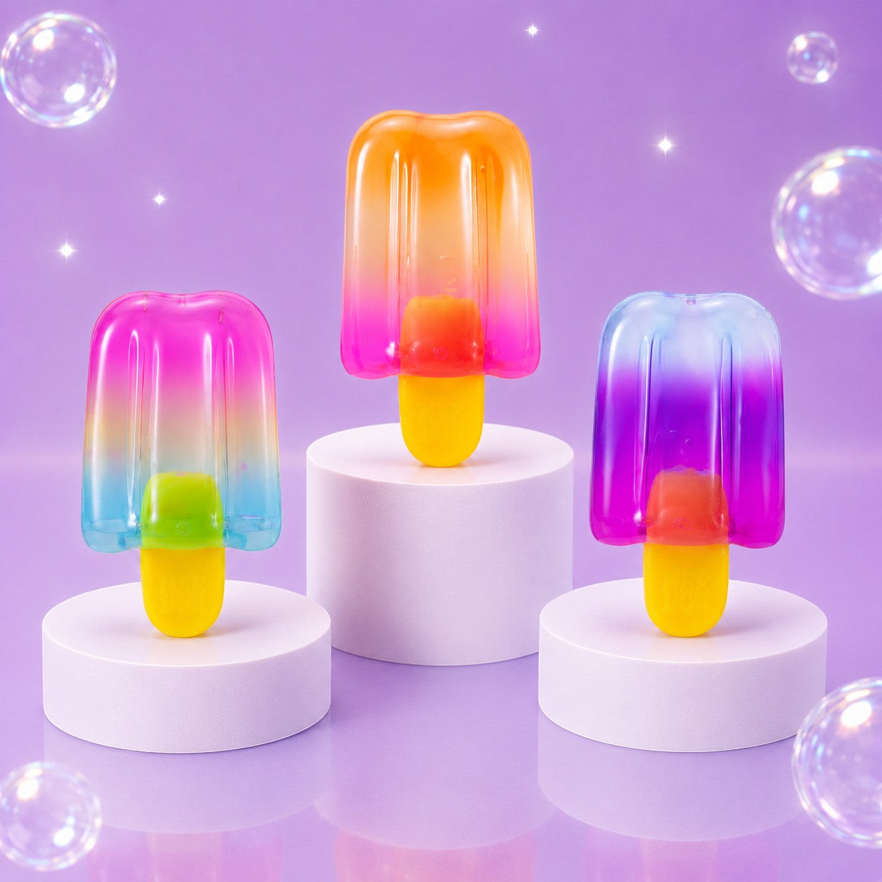 Squish Planet NeeDoh Nice-sicle popsicle fidget toys in vibrant gradient colors displayed on white pedestals