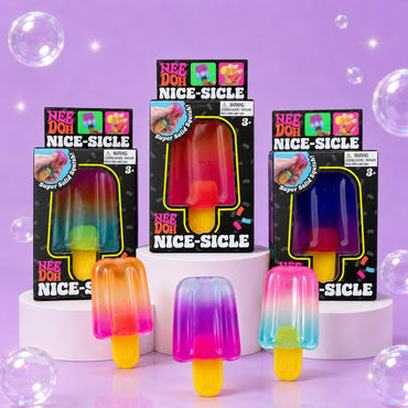 Squish Planet NeeDoh Nice-sicle popsicle fidget toys in vibrant gradient colours displayed with retail packaging