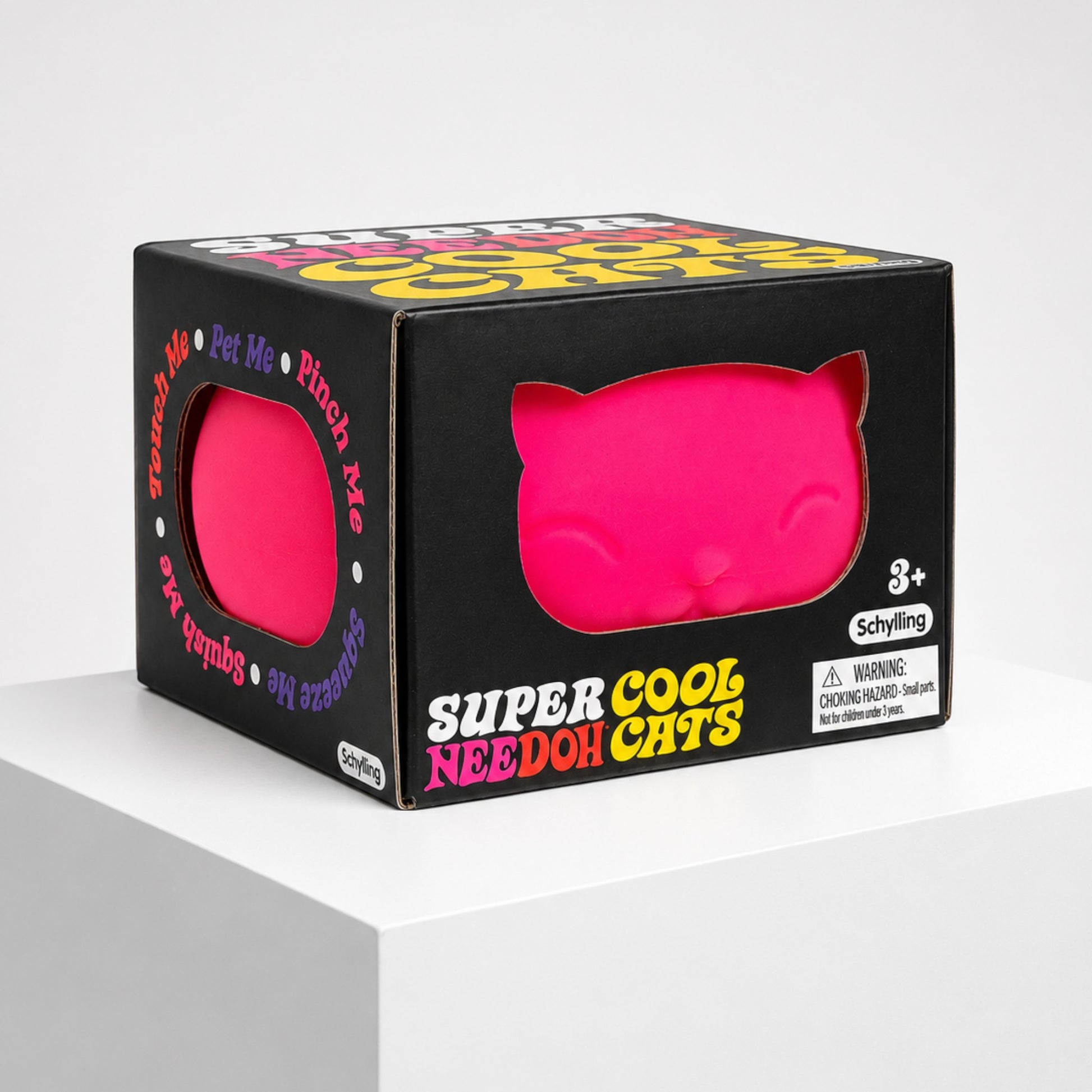 Squish Planet NeeDoh Super Cool Cat squishy fidget toy in bright pink inside its black display box on a white stand.
