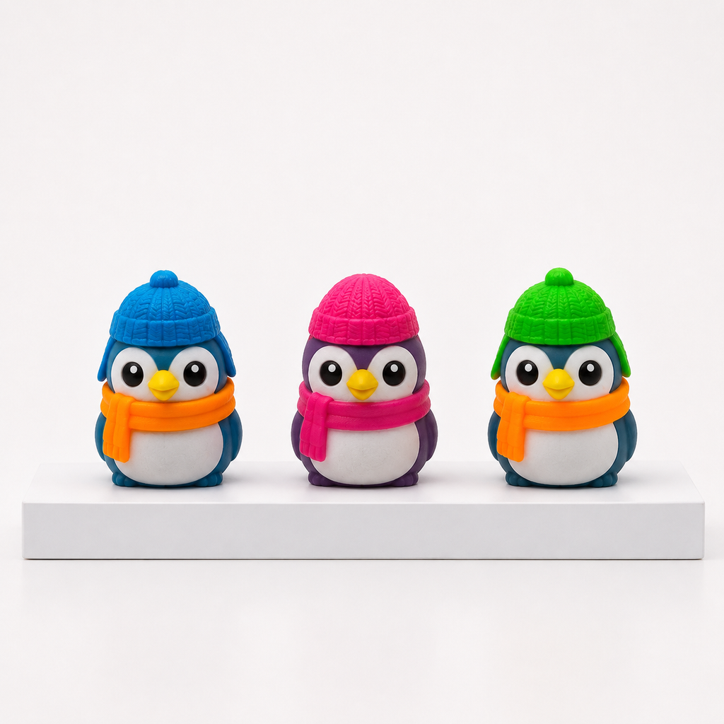 Three NeeDoh Polar Glow Penguin toys in orange, pink and green hats