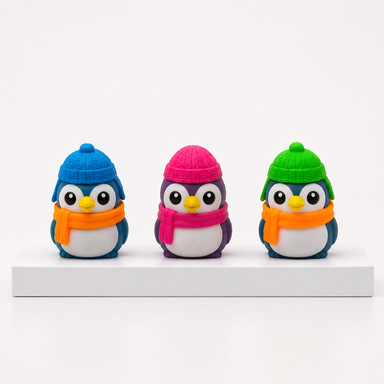 Three NeeDoh Polar Glow Penguin toys in orange, pink and green hats
