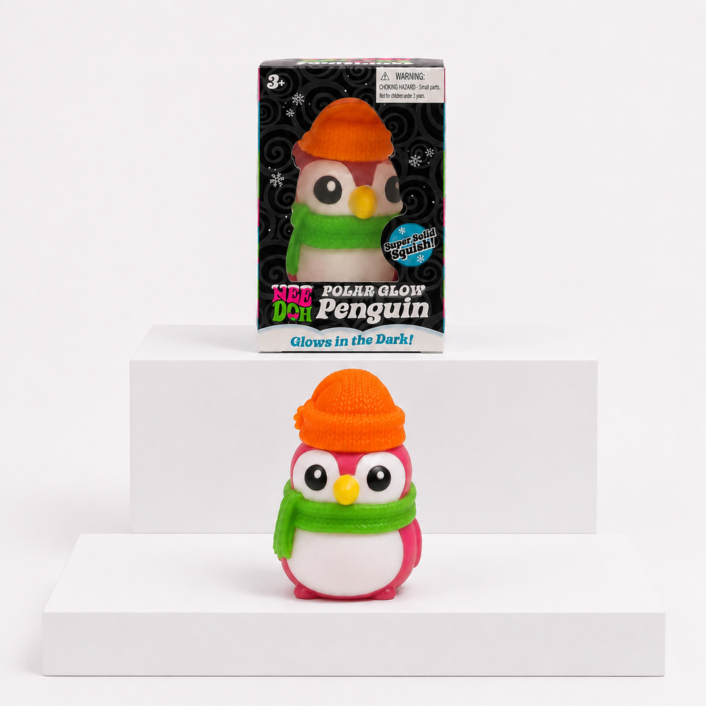NeeDoh Polar Glow Penguin with orange hat and retail box