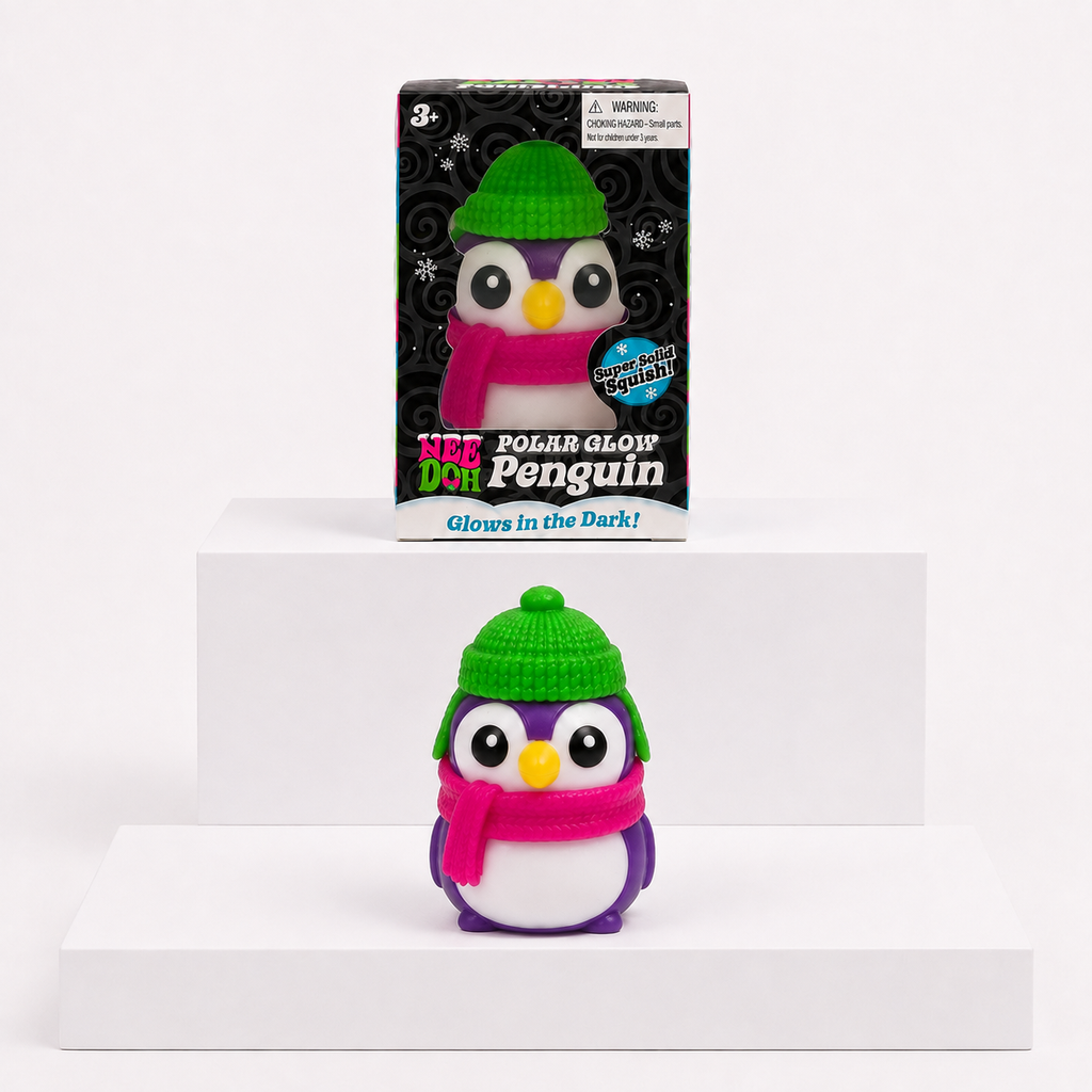 NeeDoh Polar Glow Penguin with green hat and retail box