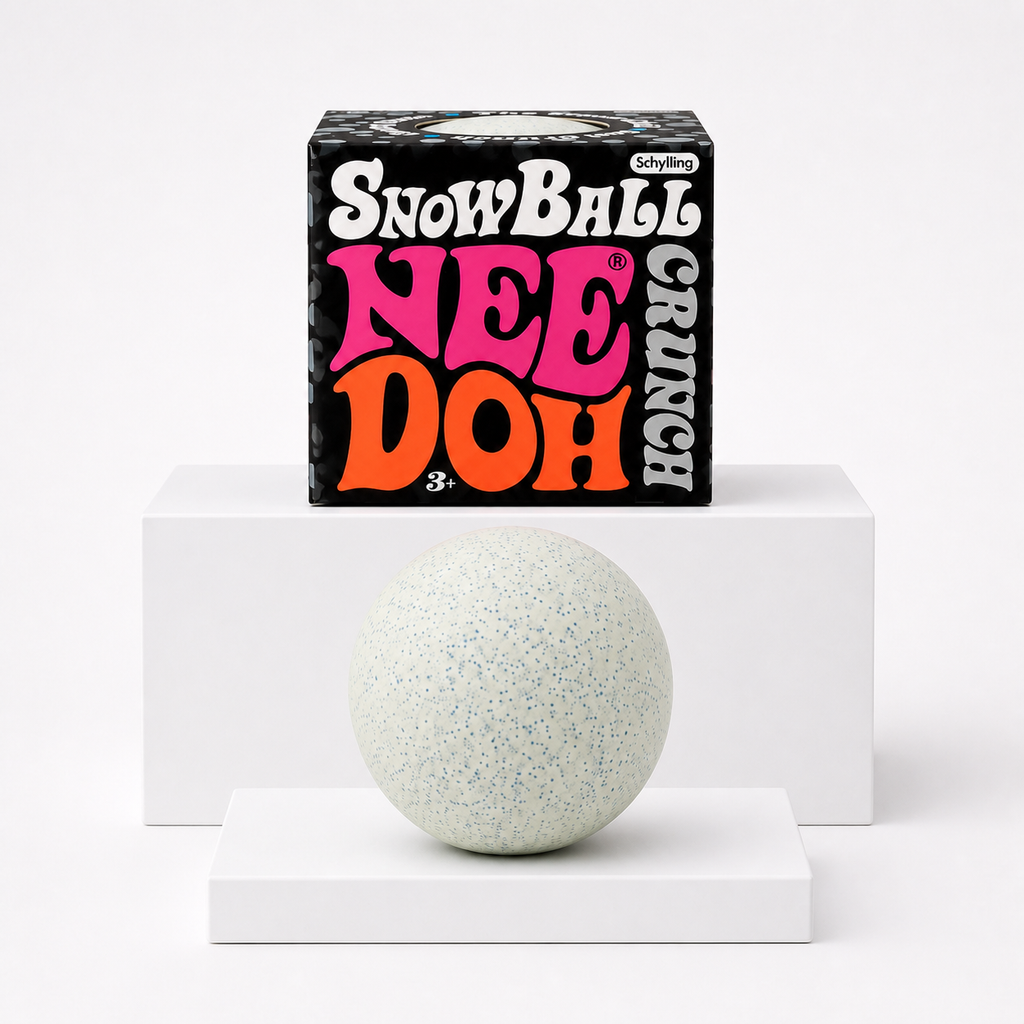 NeeDoh Snowball Crunch squishy toy with retail package on white studio slabs