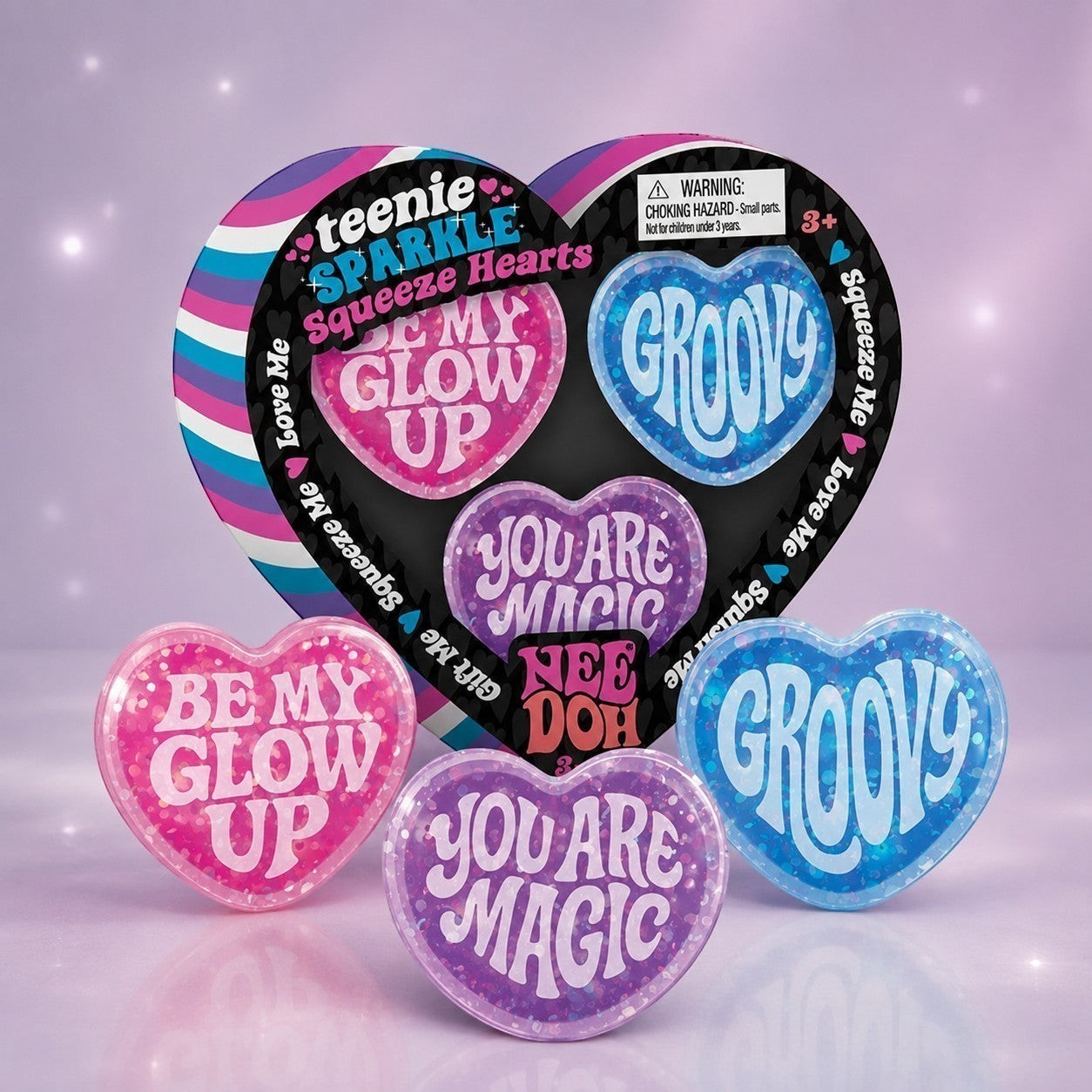 Squish Planet NeeDoh Teenie Sparkle Squeeze Hearts three-pack featuring pink, blue, and purple glittery heart fidgets.