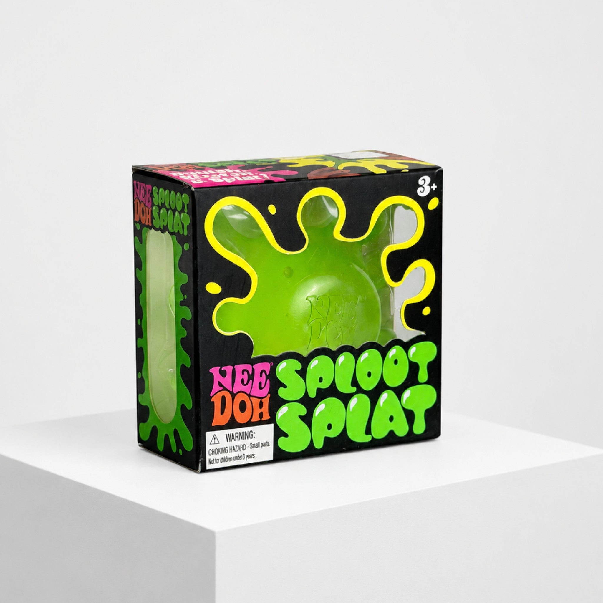 Squish Planet NeeDoh Sploot Splat green squishy fidget toy in its original display packaging box.