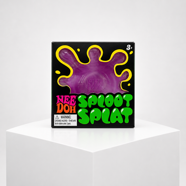 NeeDoh Sploot Splat purple squishy fidget toy in retail packaging on a white studio pedestal.