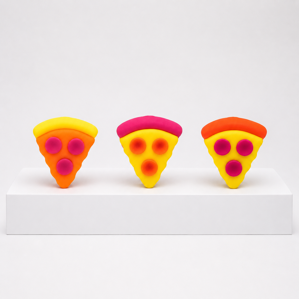 Three loose NeeDoh Squeeza Pizza toys with different crust colors