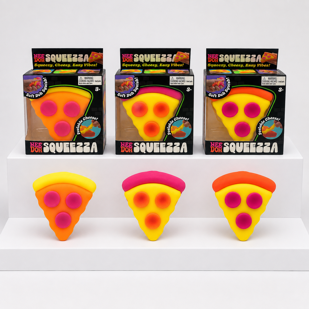 Three NeeDoh Squeeza Pizza toys with matching retail boxes