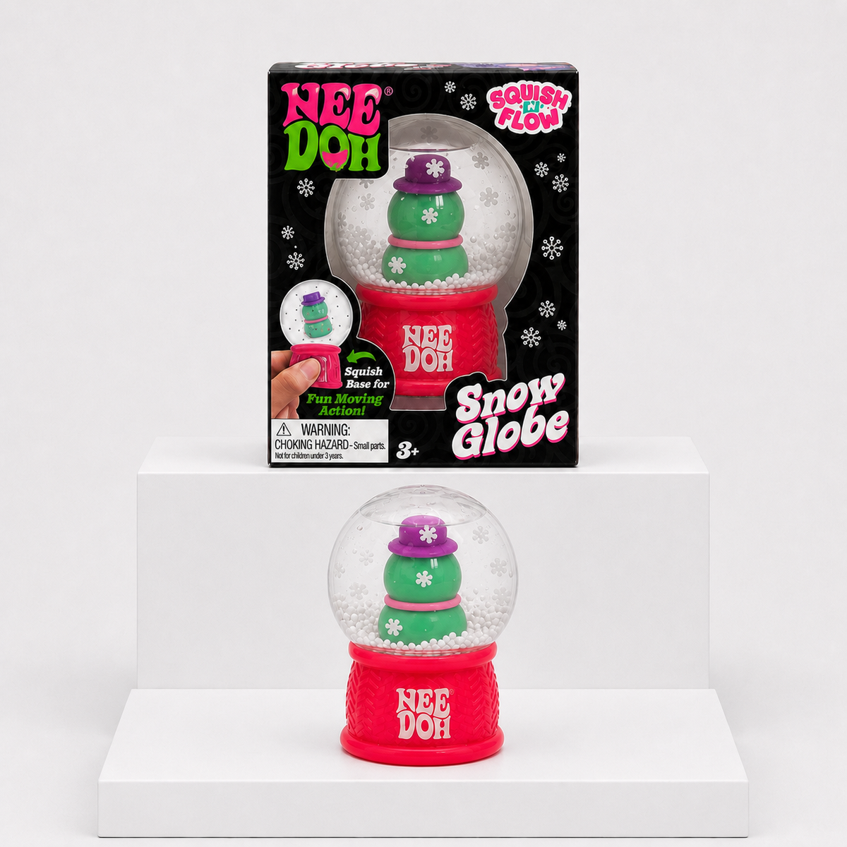 NeeDoh Squishmas Snow Globe Dohman variant with matching retail packaging