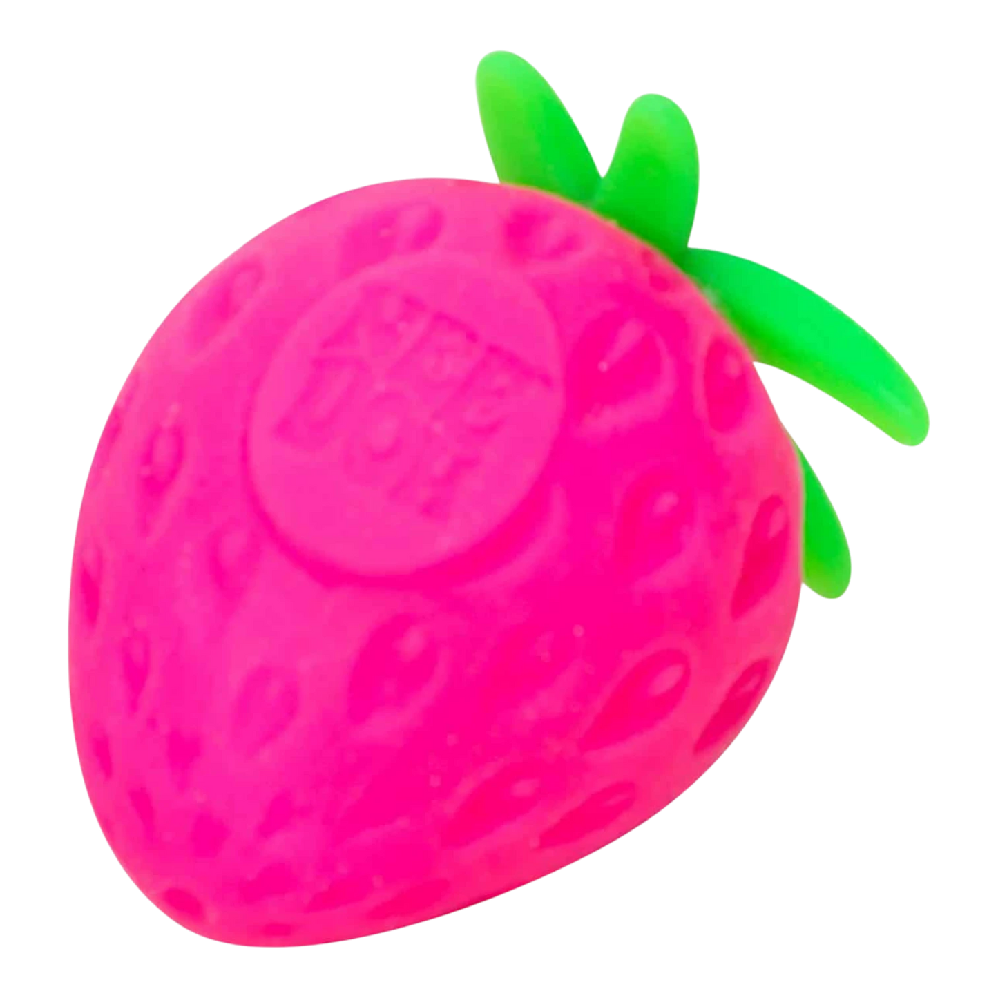 Squish Planet NeeDoh Groovy Fruit strawberry fidget toy in bright pink with green leaves for sensory stress relief