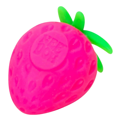 Squish Planet NeeDoh Groovy Fruit strawberry fidget toy in bright pink with green leaves for sensory stress relief