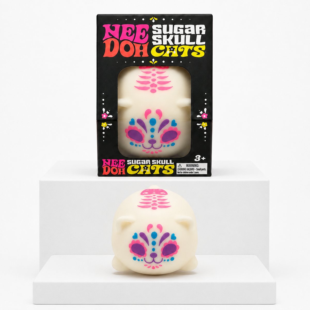 Pink-design NeeDoh Sugar Skull Cool Cat with matching retail box