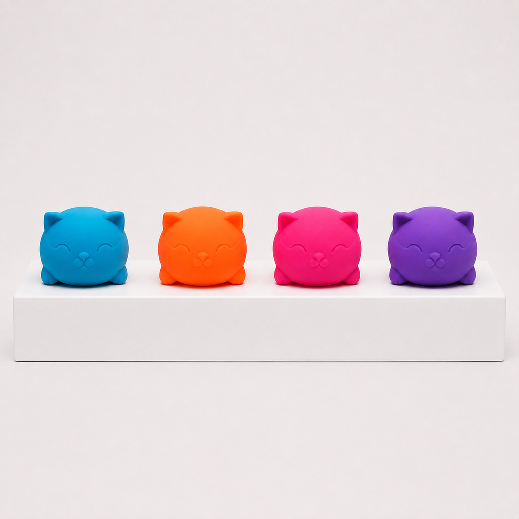 Four NeeDoh Super Cool Cat toys in blue, orange, pink and purple
