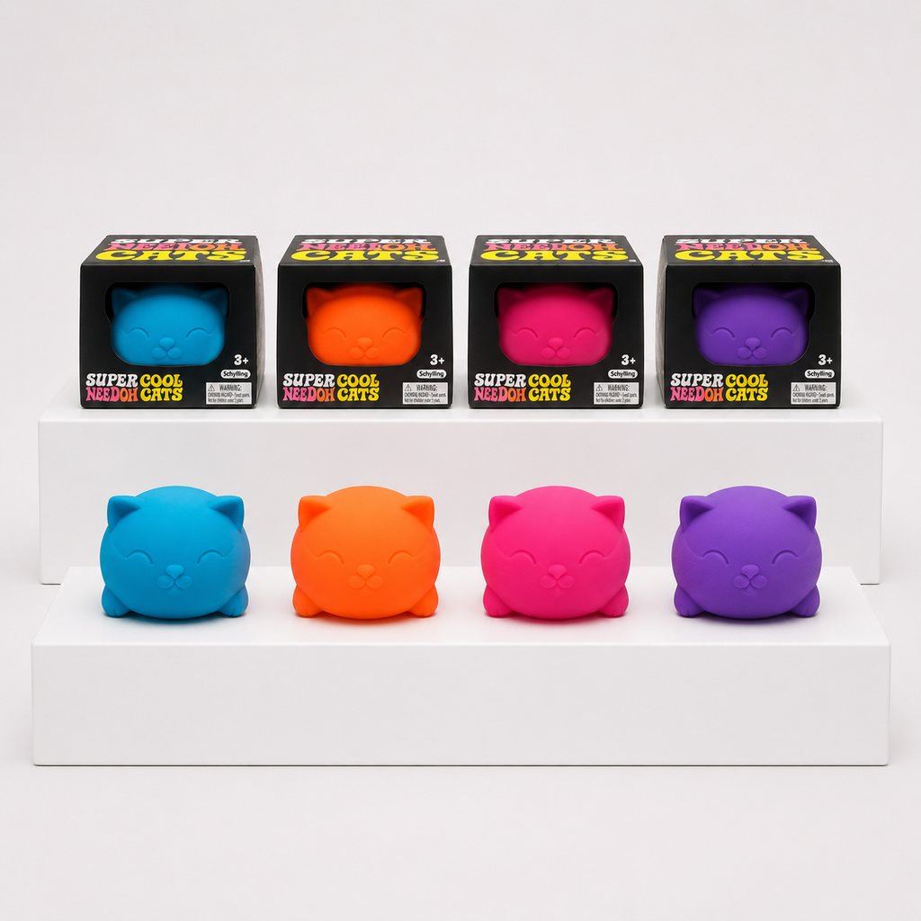 NeeDoh Super Cool Cat toys and boxes in blue, orange, pink and purple