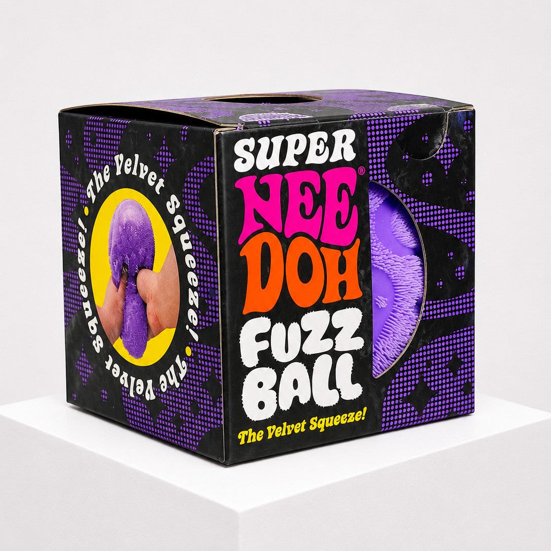 Squish Planet NeeDoh Super Fuzzball purple textured squishy fidget toy in its branded display box