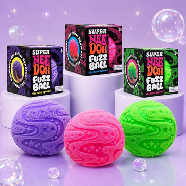 Squish Planet NeeDoh Super Fuzzball fidget toys in purple, pink, and green with textured surfaces and display boxes.