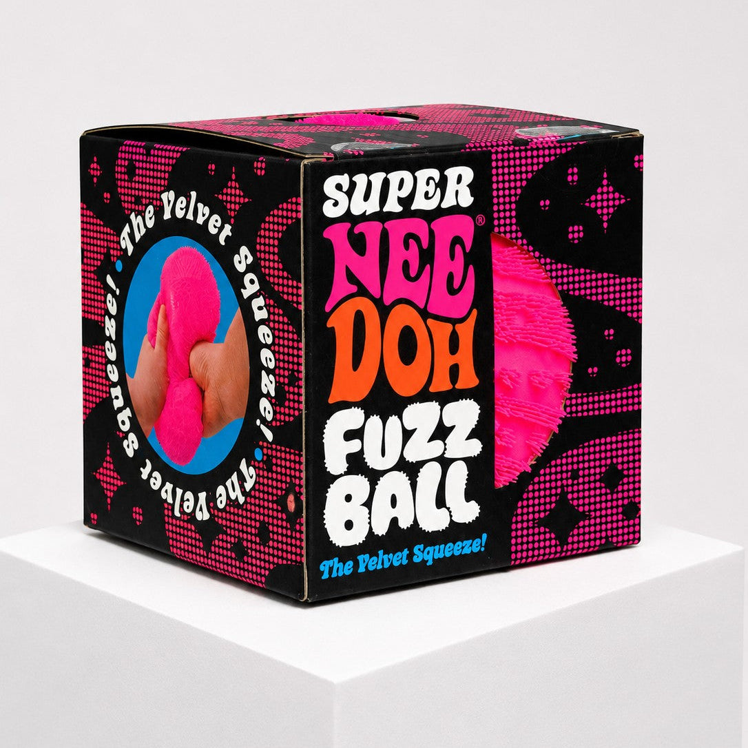 Squish Planet NeeDoh Super Fuzzball squishy fidget toy in its black and pink retail packaging box
