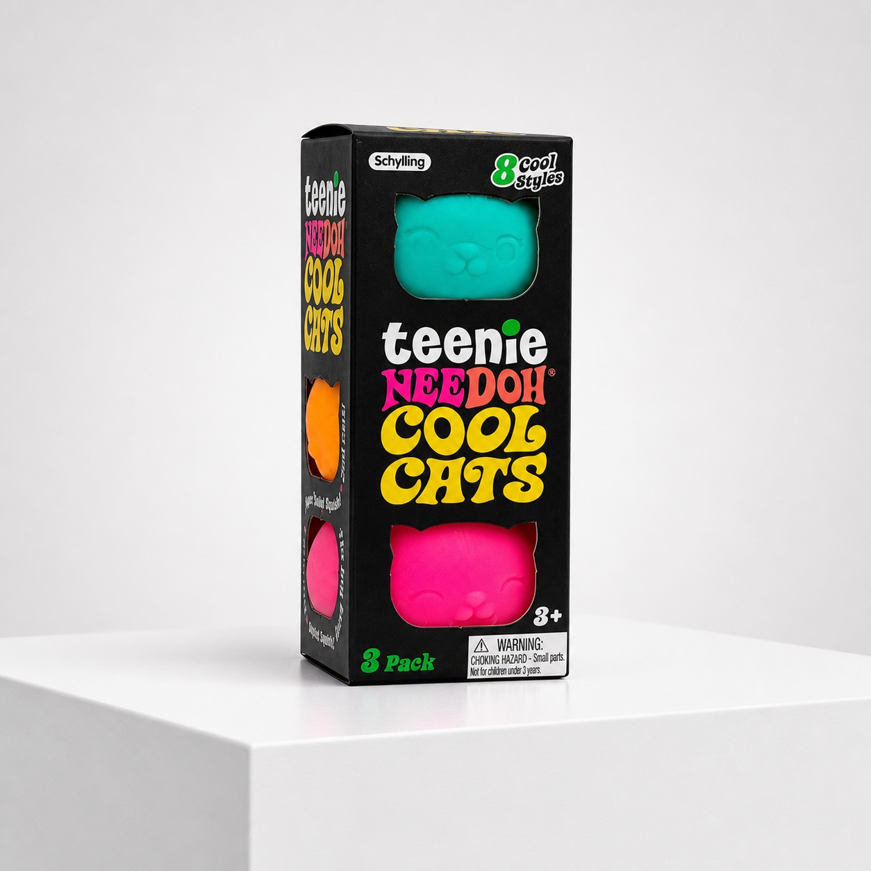 Squish Planet NeeDoh Teenie Cool Cat Squishy Fidget Toy Three-Pack (Colors May Vary) – Multicolor main product image showing the squishy toy.