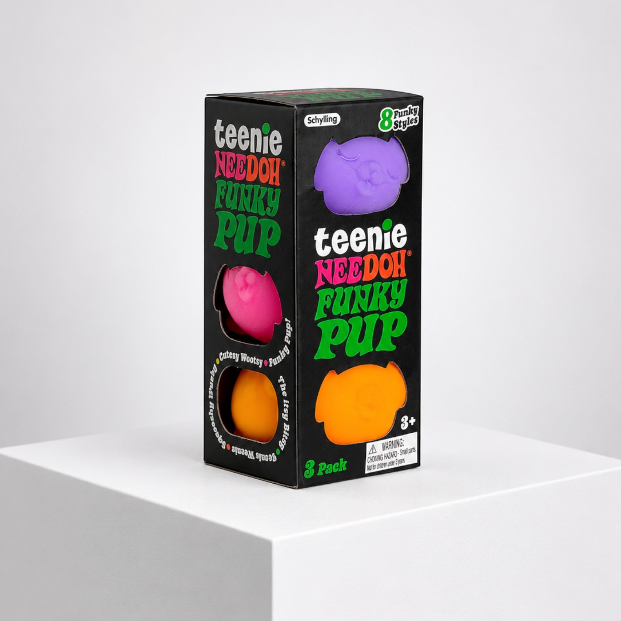 Squish Planet NeeDoh Teenie Funky Pups 3-pack featuring colourful mini puppy-shaped squishy fidget toys in a box.