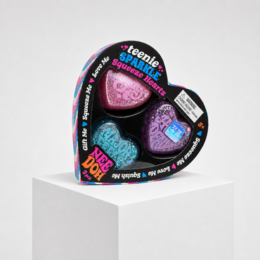 Squish Planet NeeDoh Teenie Sparkle Squeeze Hearts three-pack product image with full packaging visible.