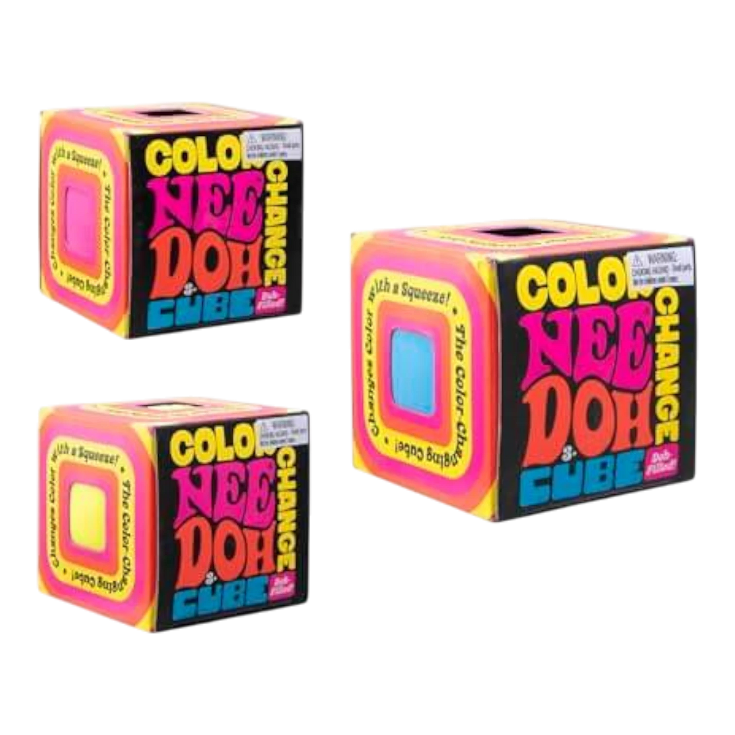 Squish Planet NeeDoh Color Changing Cube squishy fidget toy, pink and yellow packaging, for stress relief and focus