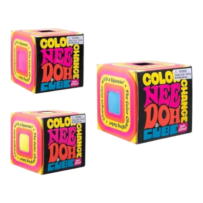 Squish Planet NeeDoh Color Changing Cube squishy fidget toy, pink and yellow packaging, for stress relief and focus