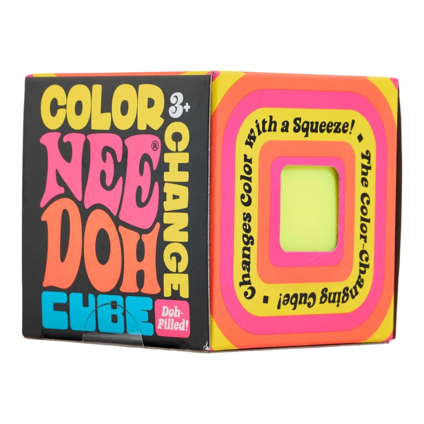 Squish Planet NeeDoh Color Changing Cube squishy fidget toy with bright pink, orange, and yellow design. Ages 3+.
