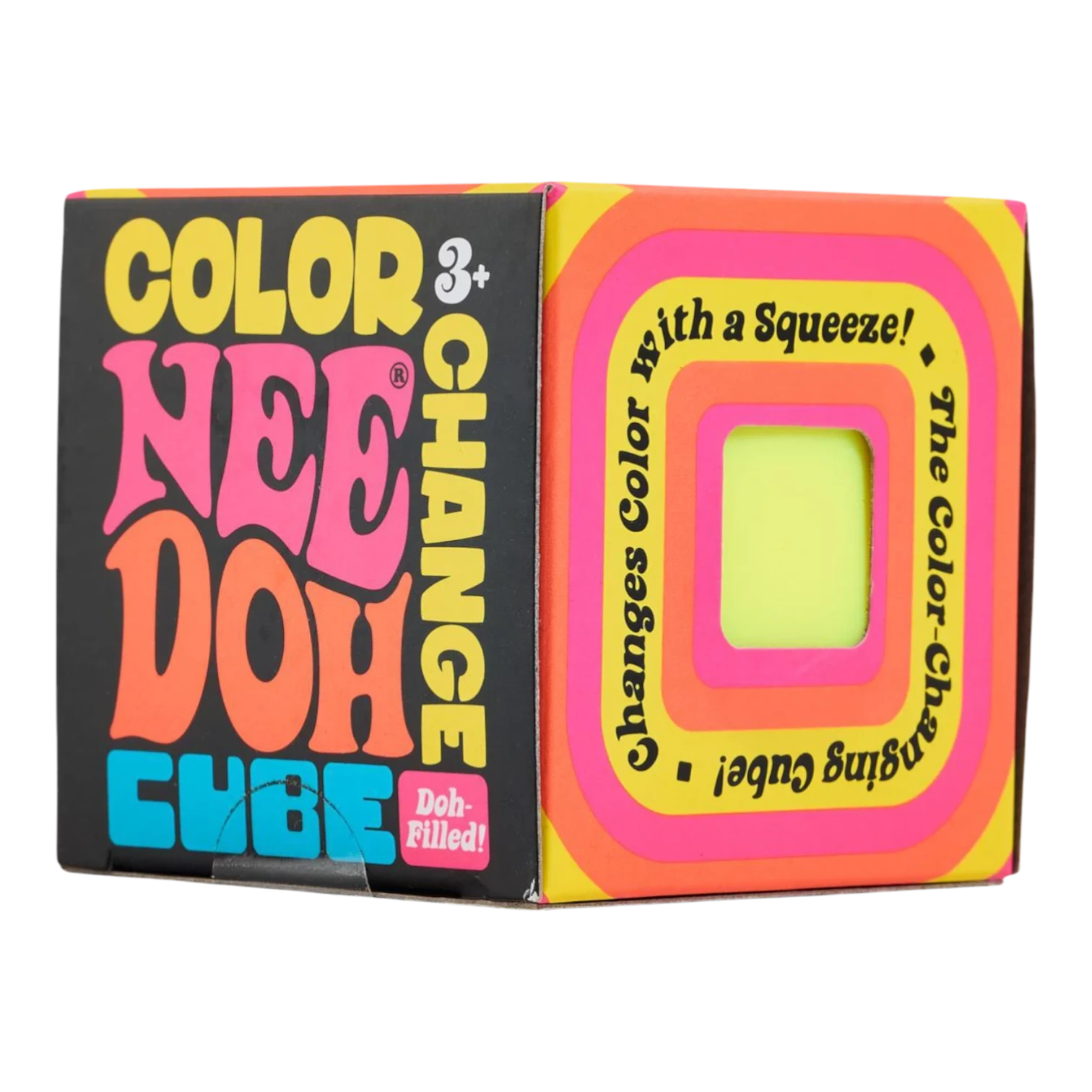 Squish Planet NeeDoh Color Changing Cube squishy fidget toy with bright pink, orange, and yellow design. Ages 3+.