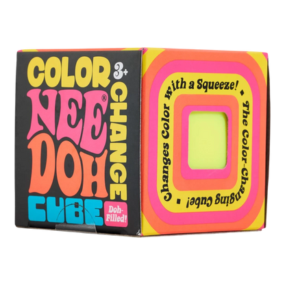 Squish Planet NeeDoh Color Changing Cube squishy fidget toy with bright pink, orange, and yellow design. Ages 3+.