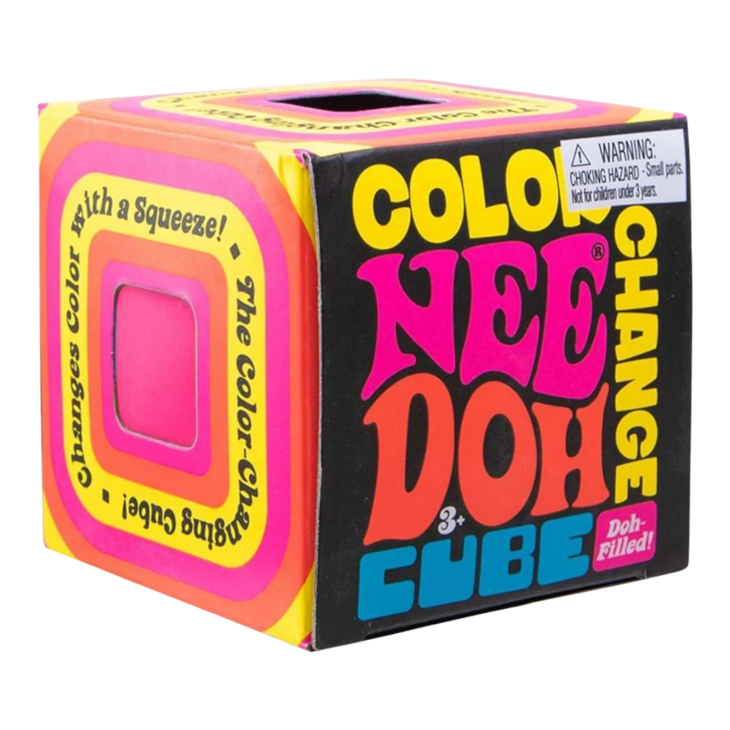 Squish Planet NeeDoh Color Changing Cube squishy fidget toy, pink and yellow with colorful graphic design. Changes color with a squeeze.