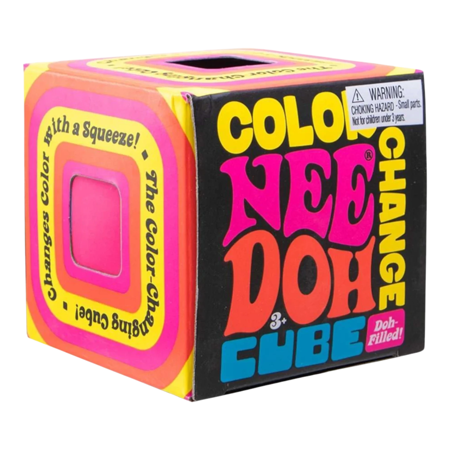 Squish Planet NeeDoh Color Changing Cube squishy fidget toy, pink and yellow with colorful graphic design. Changes color with a squeeze.