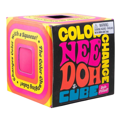 Squish Planet NeeDoh Color Changing Cube squishy fidget toy, pink and yellow with colorful graphic design. Changes color with a squeeze.