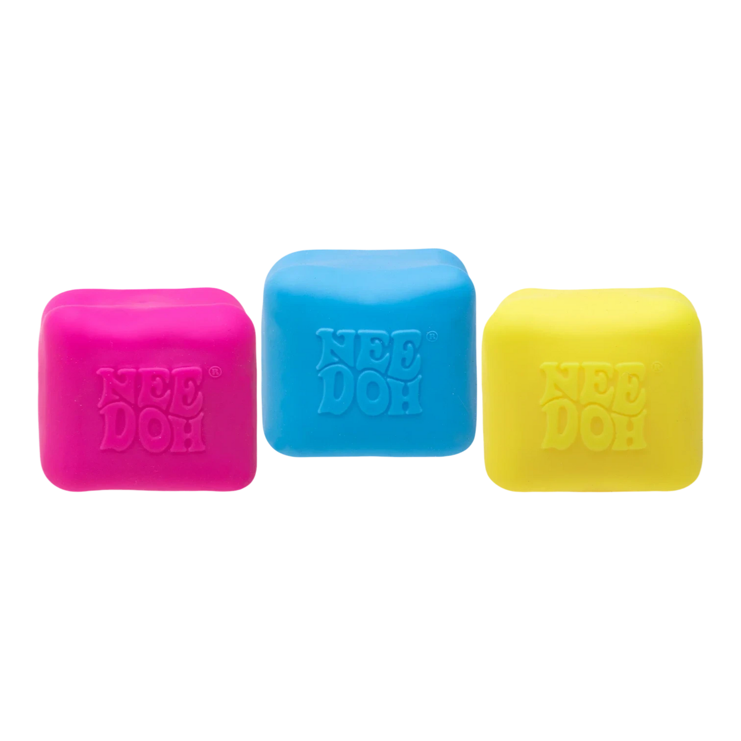 Squish Planet NeeDoh Color Changing Cube fidget toy in pink, blue, and yellow. Soft squishy compound for stress relief.