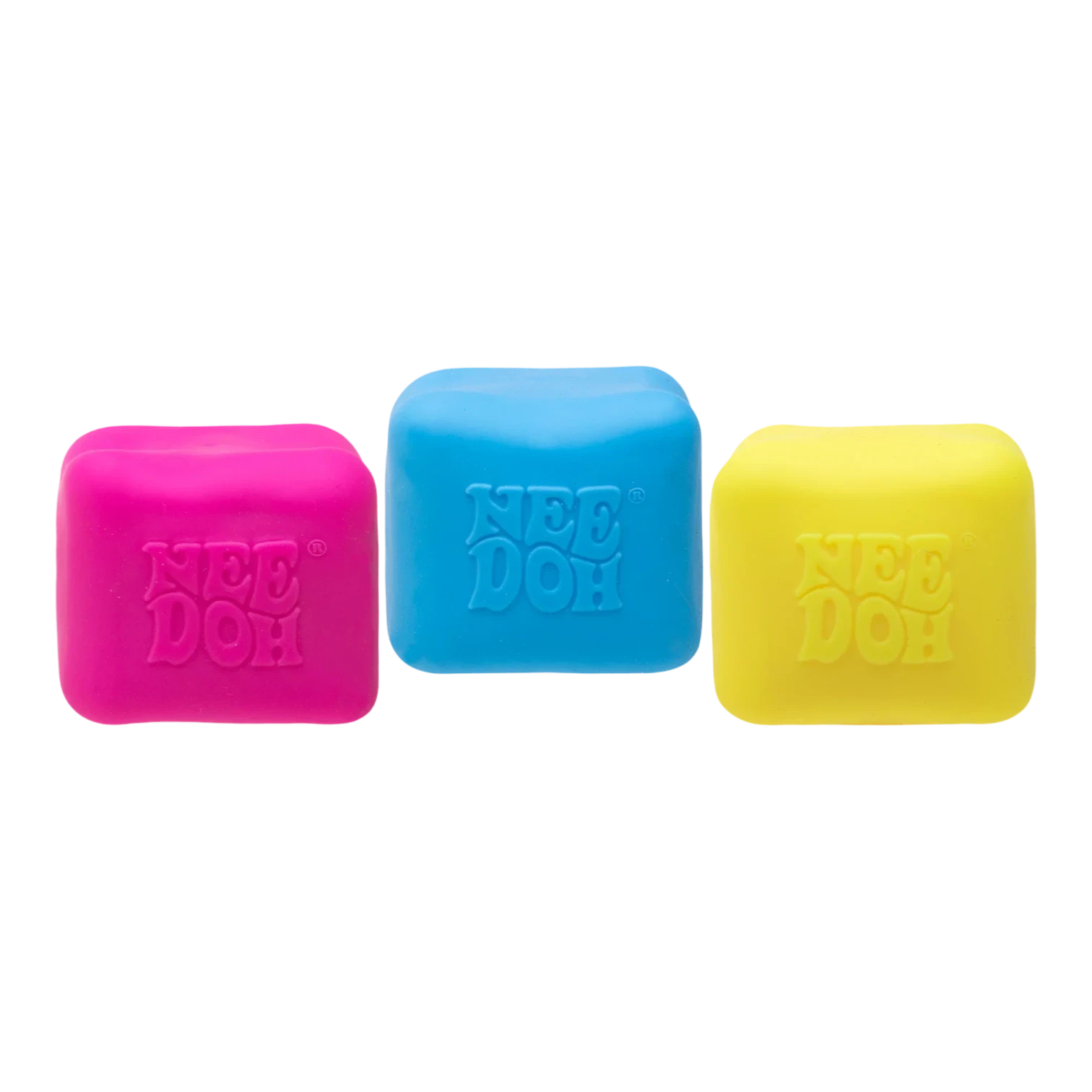 Squish Planet NeeDoh Color Changing Cube fidget toy in pink, blue, and yellow. Soft squishy compound for stress relief.