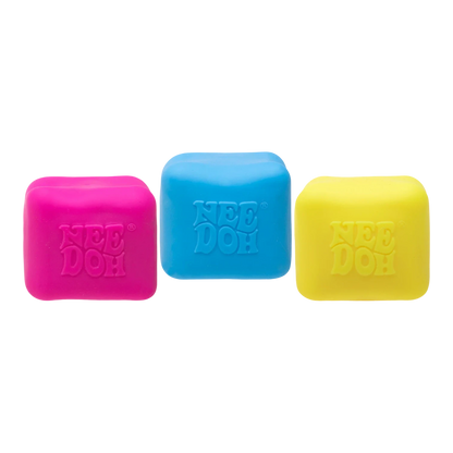 Squish Planet NeeDoh Color Changing Cube fidget toy in pink, blue, and yellow. Soft squishy compound for stress relief.