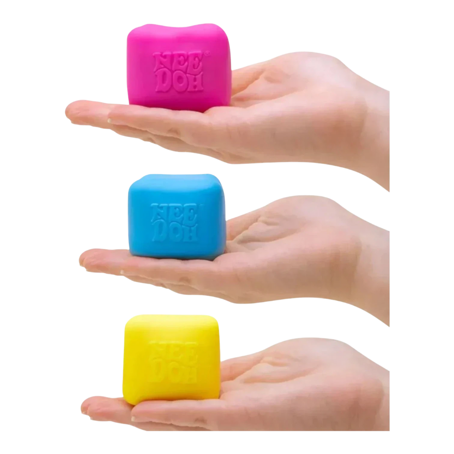 Squish Planet NeeDoh Color Changing Cube squishy fidget toy in pink, blue, and yellow, held in hands.