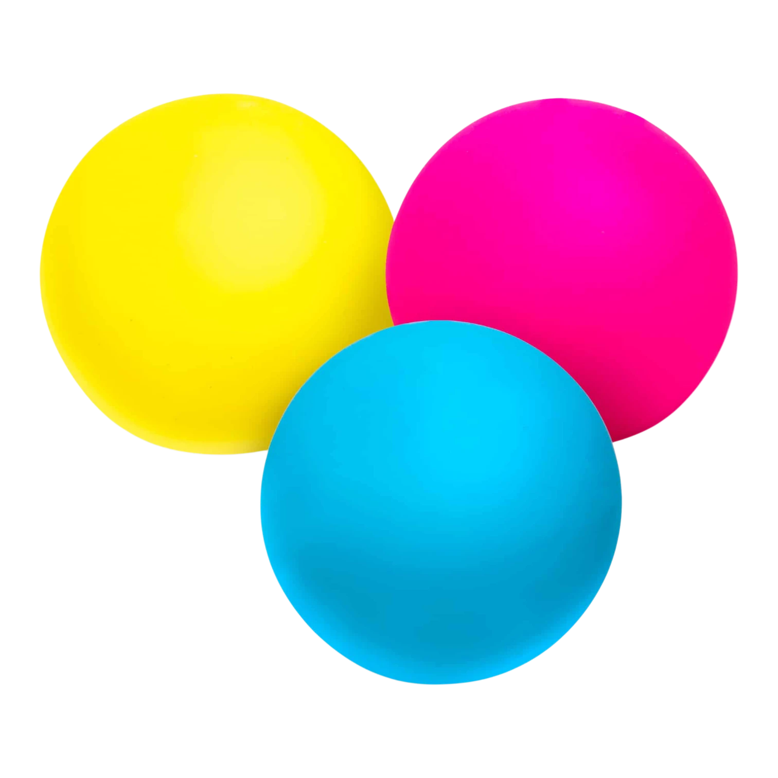 Squish Planet NeeDoh color changing squishy fidget balls in yellow, pink, and blue.