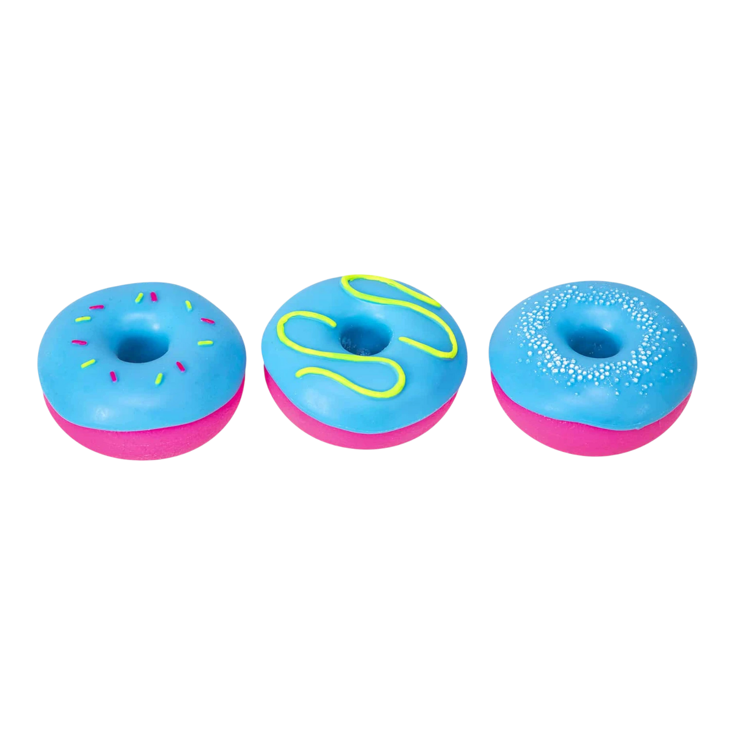 Squish Planet NeeDoh Dohnuts squishy fidget toys in blue with pink bases. One has sprinkles, one has yellow icing, one has pink sprinkles.