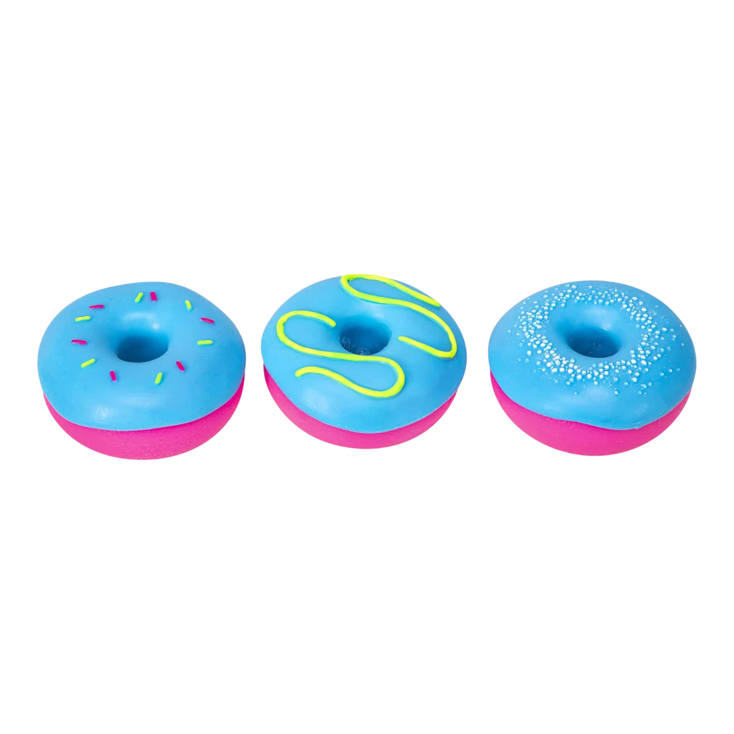 Squish Planet NeeDoh Dohnuts squishy fidget toys in blue with pink bases. One has sprinkles, one has yellow icing, one has pink sprinkles.