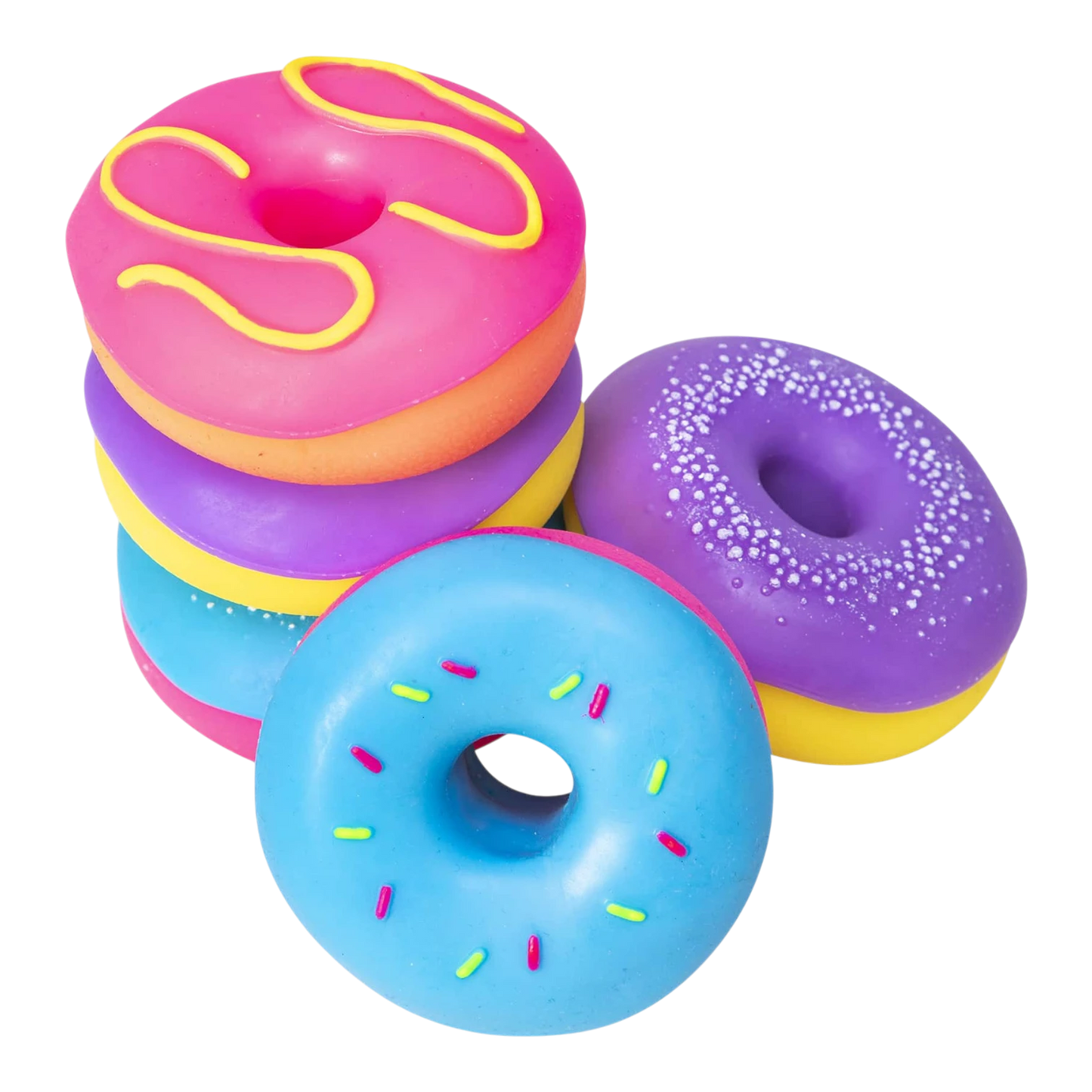 Squish Planet NeeDoh Dohnuts squishy fidget toys in pink, purple, and blue with yellow and pink sprinkles.