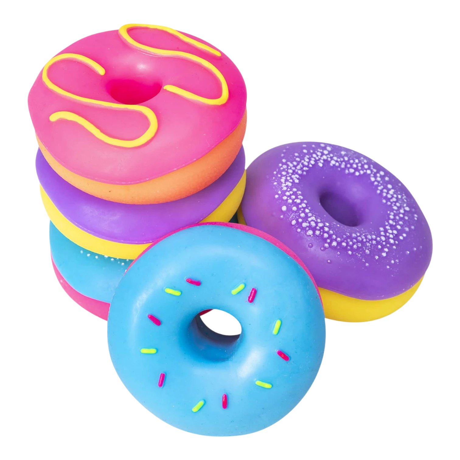 Squish Planet NeeDoh Dohnuts squishy fidget toys in pink, purple, and blue with yellow and pink sprinkles.