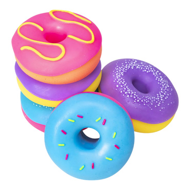 Squish Planet NeeDoh Dohnuts squishy fidget toys in pink, purple, and blue with yellow and pink sprinkles.