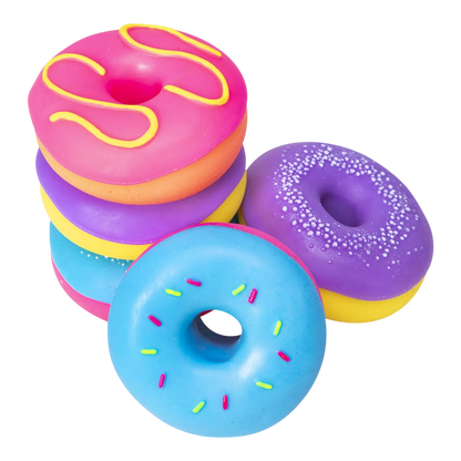 Squish Planet NeeDoh Dohnuts squishy fidget toys in pink, purple, and blue with yellow and pink sprinkles.