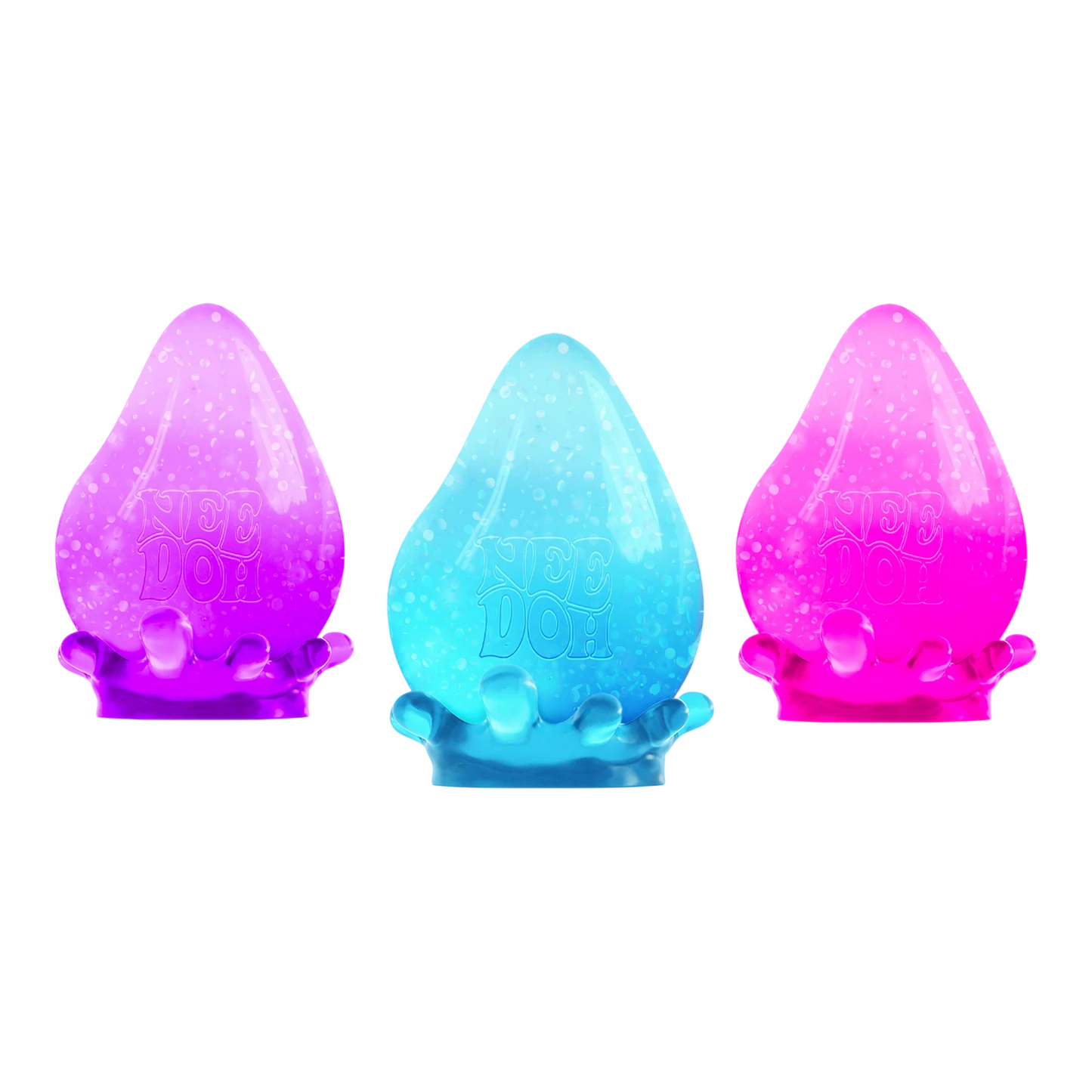 Squish Planet NeeDoh Dream Drop fidget toy in pink, blue, and purple gradient colors. Soft, slow-rising squishy texture.
