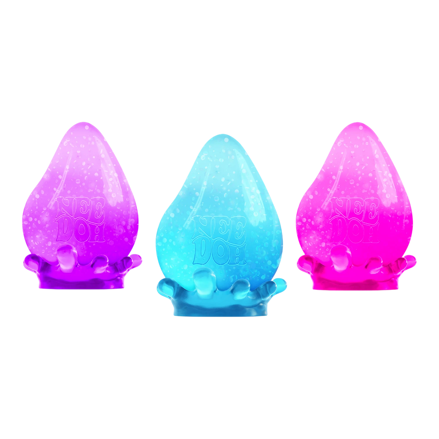 Squish Planet NeeDoh Dream Drop fidget toy in pink, blue, and purple gradient colors. Soft, slow-rising squishy texture.
