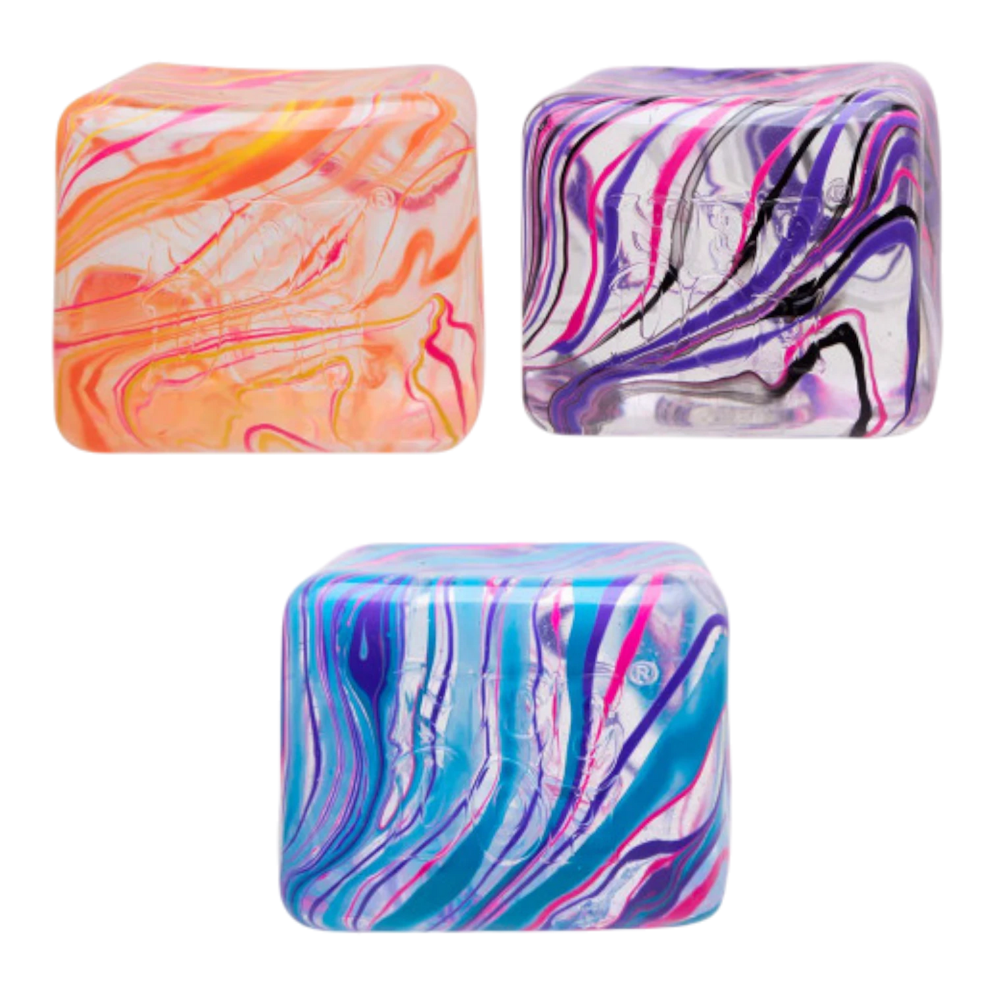 Squish Planet NeeDoh Jumbo Swirl Nice Berg fidget toy in orange, purple, and blue multicolor swirl patterns.